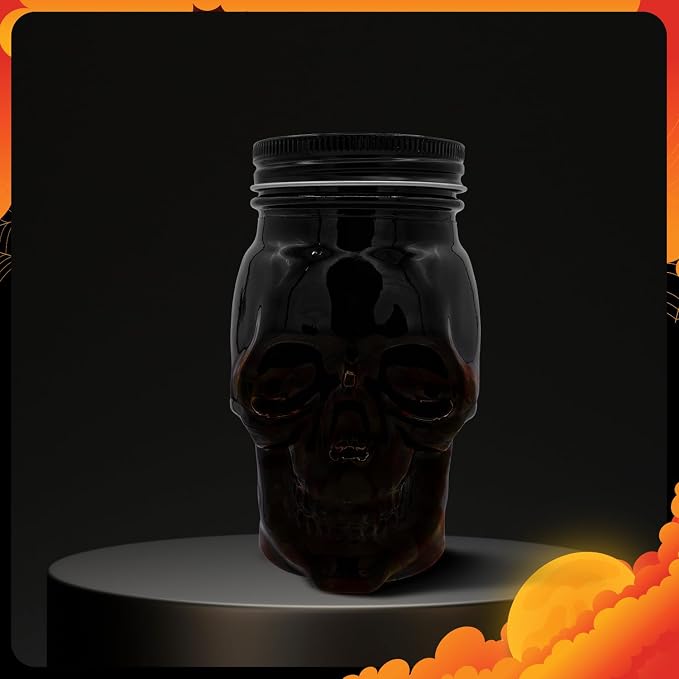DURA LIVING Set of 2 Skull Mason Jar Glasses with Lids | 16oz Reusable Halloween Drinking Glasses | Unique Skull Décor, Storage, & Canning Jars for Parties & Gifts