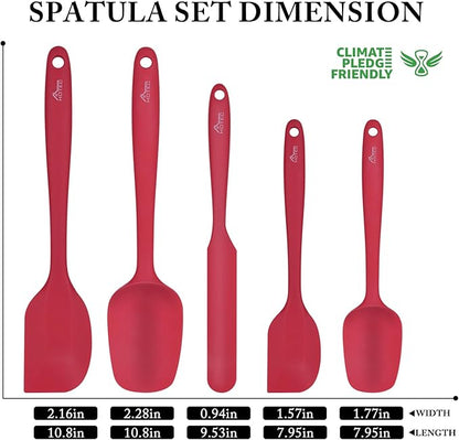 HOTEC Heat Resistant 600℉ BPA-Free Silicone Rubber Spatula Set, Kithchen Cooking Spatulas, Baking, Mixing, for Non Stick Cookware, Dishwasher Safe, Red Set of 5
