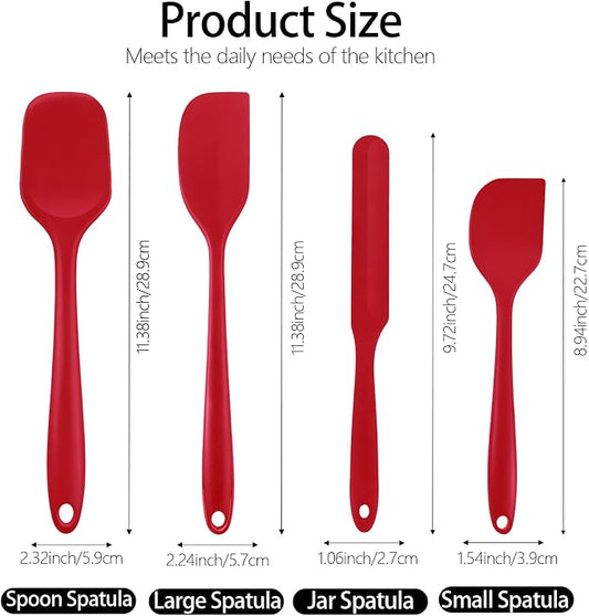 Silicone Spatula Set, Food Grade Rubber Spatula, 4 Pcs Heat Resistant Silicone Spatulas, One Piece Design Non-Stick Kitchen Utensils for Cooking, Stirring, Baking & Mixing, Dishwasher Safe (Red)