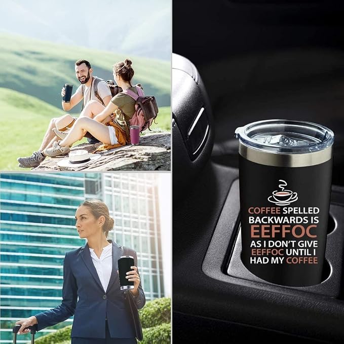 Eeffoc Is Coffee Spelled Backwards Funny Coffee Tumbler,20oz Insulated Stainless Steel Travel Mug with Lid,Straw and Brush,Double Wall Iced Travel Cup,Gifts for Women,Men,Boss,Friends,Employ(Black)