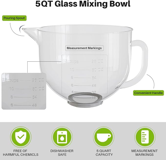 Glass Mixing Bowl 5QT Compatible with KitchenAid 4.5 & 5-Quart Tilt-Head Stand Mixers – Includes Spout Cover, Measurement Markings & Lid – (Dishwasher, Microwave & Freezer Safe)
