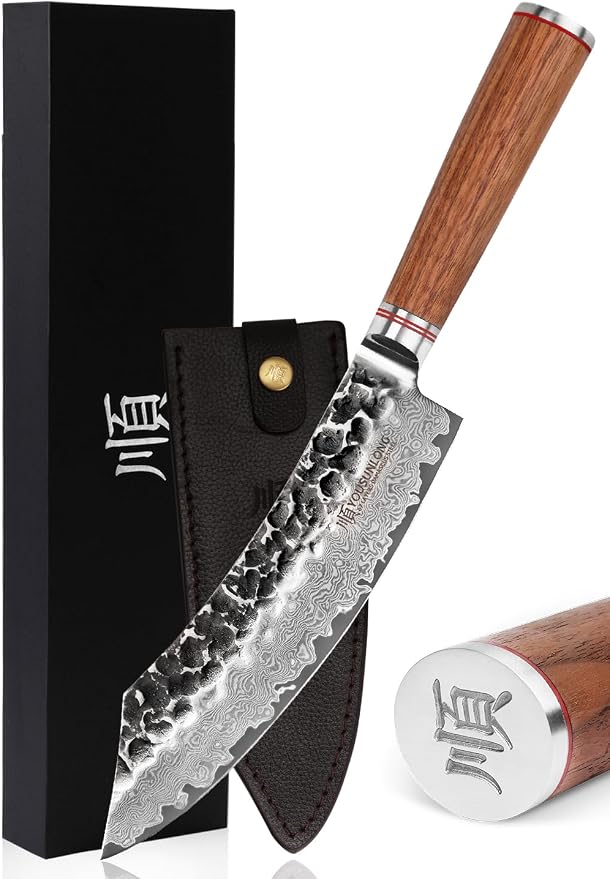 YOUSUNLONG Butcher Knife 8" Cimitar Hybrid Cleaver Japanese Hammered Damascus Steel Natural Walnut Wooden Handle