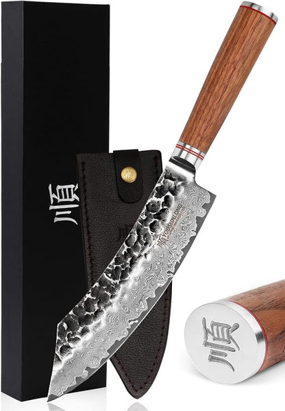 YOUSUNLONG Butcher Knife 8" Cimitar Hybrid Cleaver Japanese Hammered Damascus Steel Natural Walnut Wooden Handle