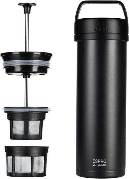ESPRO Go P0 Ultralight French Press Coffee Maker for Travel, Vacuum Insulated Stainless Steel, 16 Ounces, Matte Meteorite Black