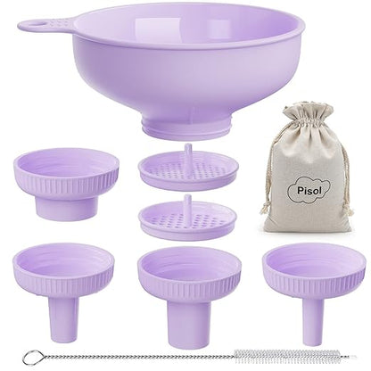 Pisol Wide Mouth Versatile Funnel, Canning Funnels for Kitchen Use, Food Grade Plastic Cooking Funnel Set with 4 Size Spouts and 2 Strainers for Filling Different Bottles and Bags, Purple