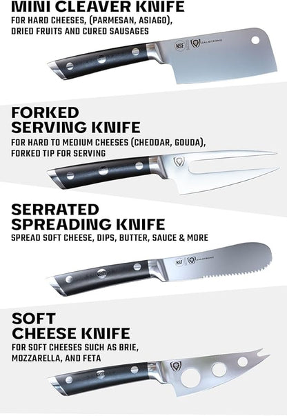 Dalstrong Charcuterie & Cheese Knife Set-4pc-Gladiator Series Elite-Mini Cleaver, Serrated,Round-Tip,Forked Cheese Knives Set-G10 Handle-Soft & Hard Cheese-Sheath-NSF Certified