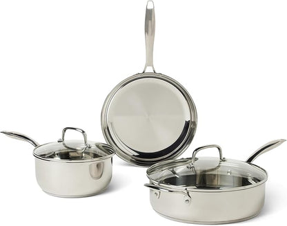 Amazon Basics Stainless Steel Cookware Set, 5-Piece, All Cooktop Friendly, Dishwasher-Safe, Induction Compatible