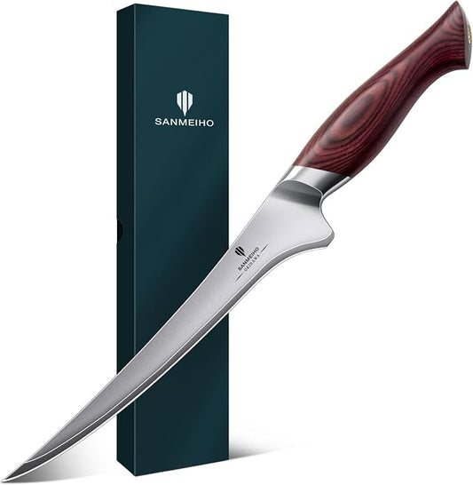 Fillet Knife 7 inch, Razor Sharp Fishing Boning Knife for Meat in 10Cr15Mov Japanese High Carbon Steel, Professional Kitchen with Flexible Blade and Ergonomic Pakkawood Handle