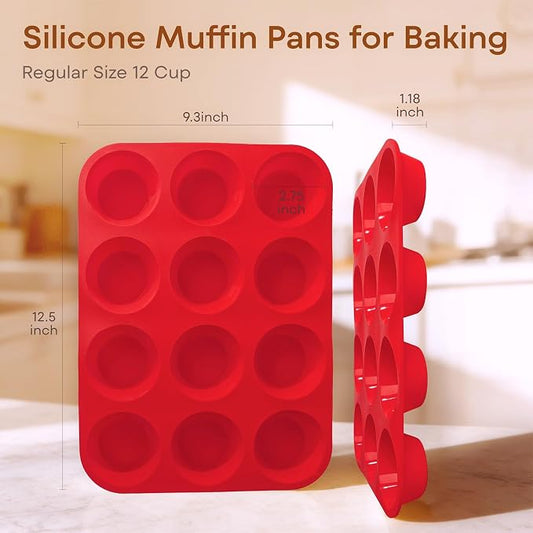 Silicone Muffin Pans for Baking Nonstick 2 Pcs, 12 Cup Regular Cupcake Pan, Food-Grade Silicone Baking Molds for Cupcakes, Egg Bites, Freezer, Red