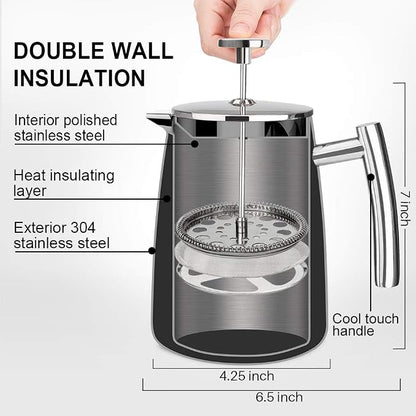 Secura French Press Coffee Maker, 17-Ounce, 304 Stainless Steel Insulated Coffee Press with Extra Screen