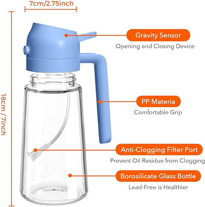 YARRAMATE 16oz/470ml Glass Olive Oil Sprayer for Cooking with Stickers, 2 in 1 Oil Dispenser for Kitchen Gadgets, Food Grade Premium Spray Bottle with Portion Control for Salad, BBQ(SkyBlue)