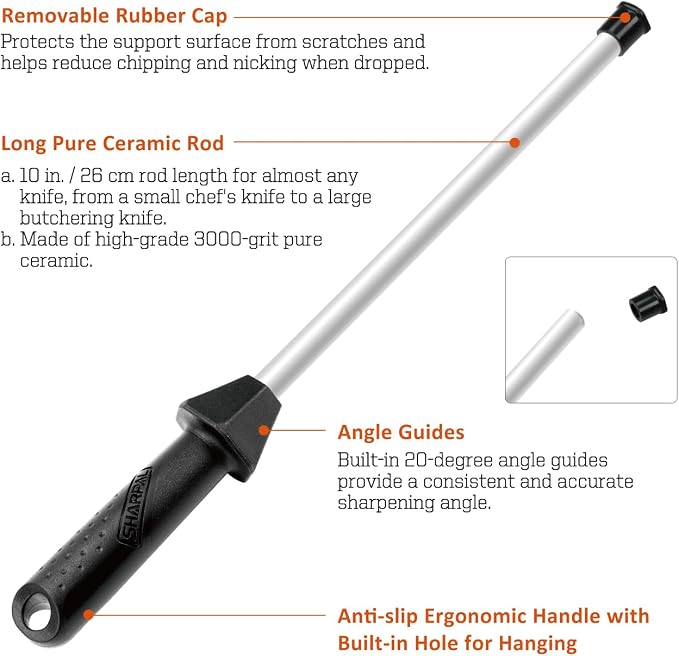 SHARPAL 118H Ceramic Honing Rod - Professional Knife Sharpener Steel, Ceramic Sharpening Rod for Kitchen Knives, Built-in Angle Guide, Anti-Break Cap, Durable Sharpening Stick Fathers Day Gift