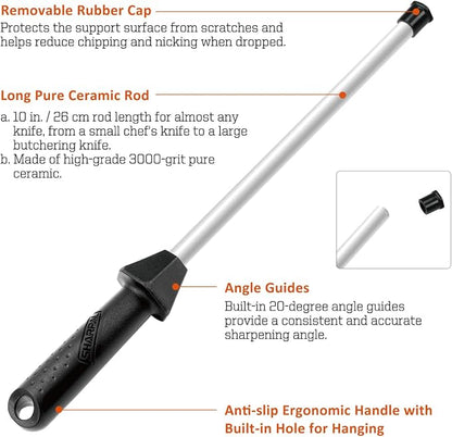 SHARPAL 118H Ceramic Honing Rod - Professional Knife Sharpener Steel, Ceramic Sharpening Rod for Kitchen Knives, Built-in Angle Guide, Anti-Break Cap, Durable Sharpening Stick Fathers Day Gift