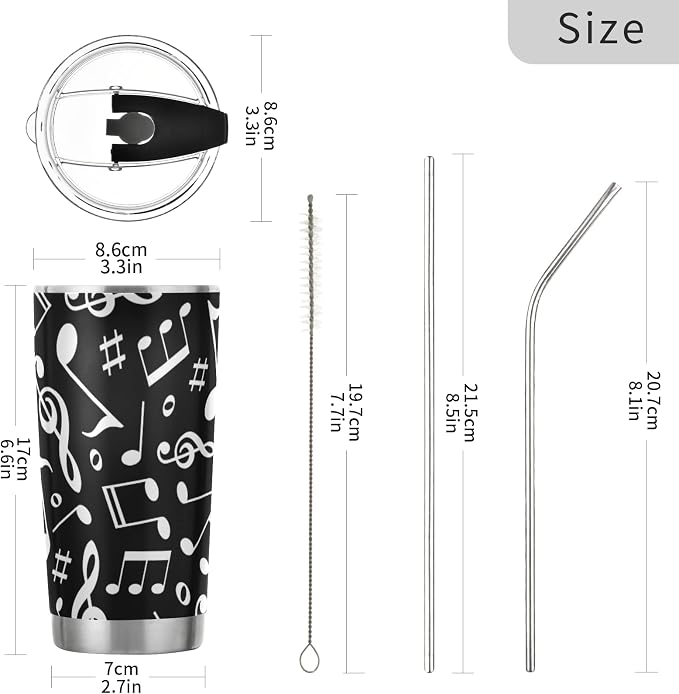Tumbler Black White Music Note Insulated Coffee Cup Beverage Container Travel Mug with Straw and Lid Double Wall Stainless Steel 20oz Holiday Gift