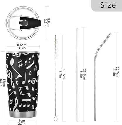Tumbler Black White Music Note Insulated Coffee Cup Beverage Container Travel Mug with Straw and Lid Double Wall Stainless Steel 20oz Holiday Gift