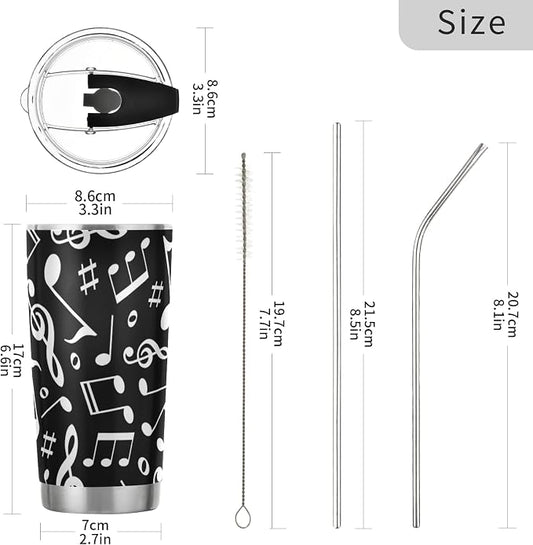 Tumbler Black White Music Note Insulated Coffee Cup Beverage Container Travel Mug with Straw and Lid Double Wall Stainless Steel 20oz Holiday Gift