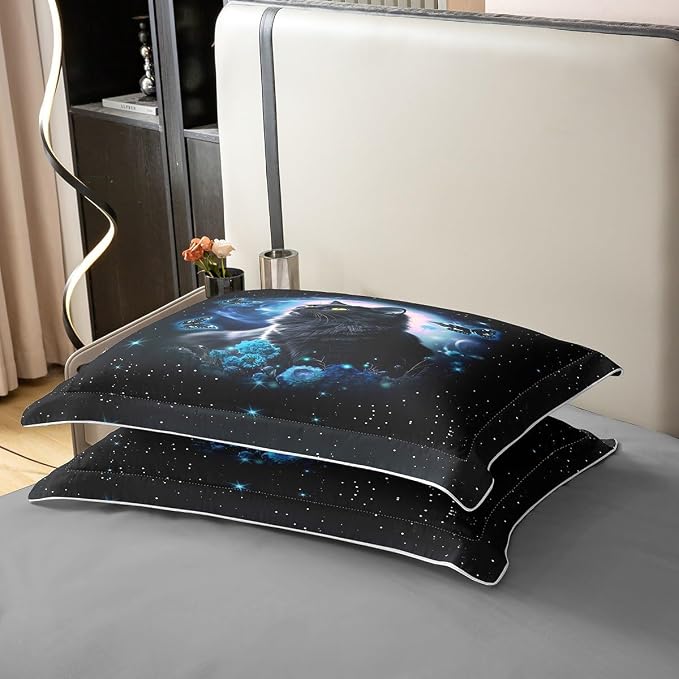 Castle Fairy Twin Size Duvet Cover Mysterious Cat 100% Pure Cotton Bedding Set Blue Flower Butterfly Bedding Set Fantasy Galaxy Starry Sky Comforter Cover for Room Decor 2 PCS(No Comforter)