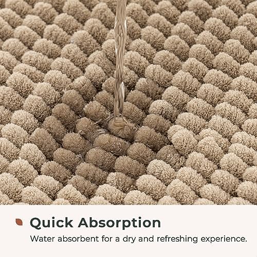 FRESHMINT Chenille Bath Rugs Extra Soft and Absorbent Microfiber Shag Rug, Non-Slip Runner Carpet for Tub Bathroom Shower Mat, Machine-Washable Durable Thick Area Rugs (Light Brown, 24" x 17")