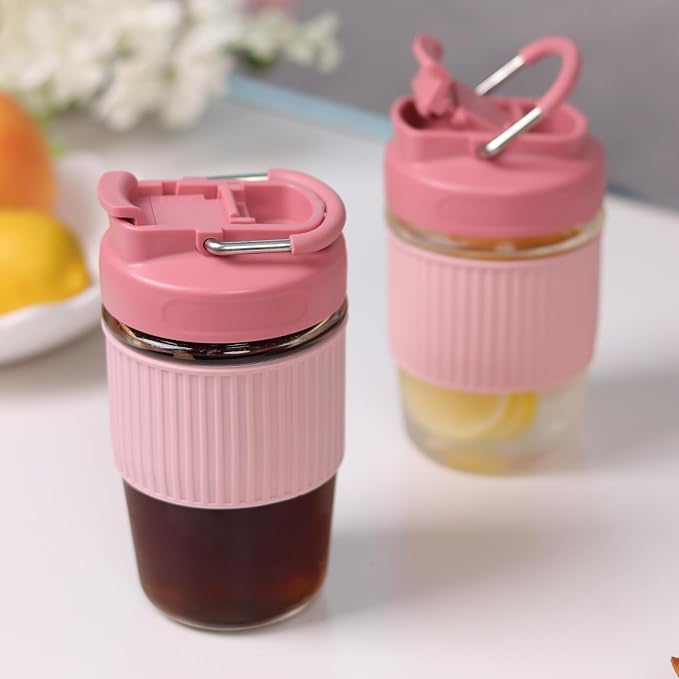 Sivaphe Reusable Glass Coffee Cup 12 oz, Portable Travel Mug with Spill-Proof Lid and Protect Sleeve for Home Office Pink