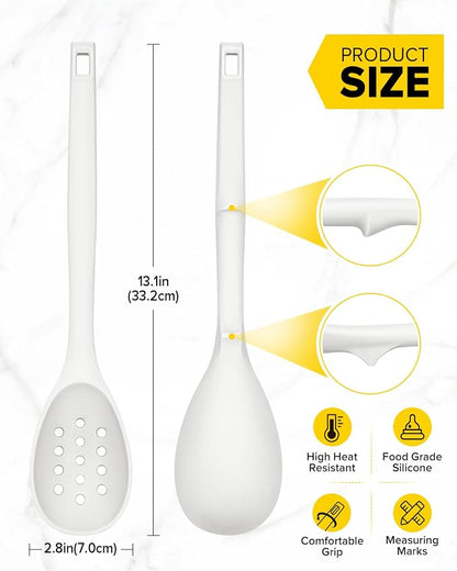 Pack of 2 Silicone Cooking Spoons, Non Stick Solid Kitchen Spoon with Measuring Marks & Back Hooks, Heat Resistant Silicone Slotted Spoon for Cooking, Mixing, Stirring,Serving (WHITE)