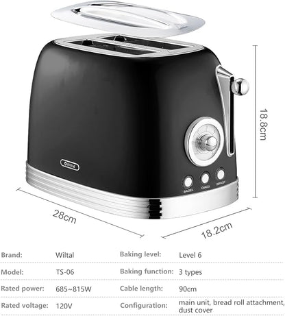 Wiltal Retro Toaster 2 Slice, 1.58" Extra Wide Slot Stainless Steel with Dust Cover and Warming Rack, Glossy Black Finish with Defrost/Reheat/Cancel Functions, Removable Crumb Tray