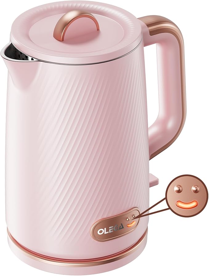 OLEGA Electric Kettle: 1200W Fast Boil Electric Water Kettles, 1.5L Double Wall Stainless Steel Tea Kettle, Auto Shut-Off, BPA-Free Hot Water Boiler Teapot for Coffee & Tea -Light Pink