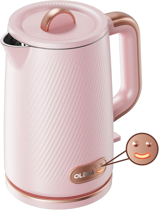 OLEGA Electric Kettle: 1200W Fast Boil Electric Water Kettles, 1.5L Double Wall Stainless Steel Tea Kettle, Auto Shut-Off, BPA-Free Hot Water Boiler Teapot for Coffee & Tea -Light Pink