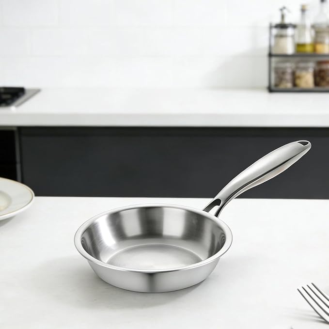 SuperCook Tri-Ply Clad Stainless Steel Frying Pan 8 Inch, Stainless Clad Frying Pan, Skillet Pan, Non-Toxic, Multiclad, Induction Oven Compatible, Dishwasher Safe