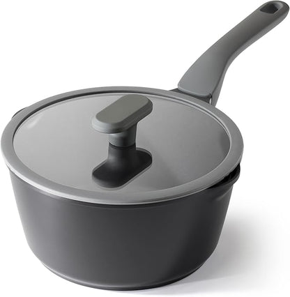 PRICUSIS Ceramic Nonstick Saucepan with Lid, 3 Quart Non Toxic Pot with Pour Spouts, Full Coated, 100% Dishwasher Safe, Induction Compatible, PFOS & PFOA Free, Black Sesame