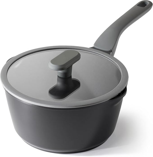 PRICUSIS Ceramic Nonstick Saucepan with Lid, 3 Quart Non Toxic Pot with Pour Spouts, Full Coated, 100% Dishwasher Safe, Induction Compatible, PFOS & PFOA Free, Black Sesame