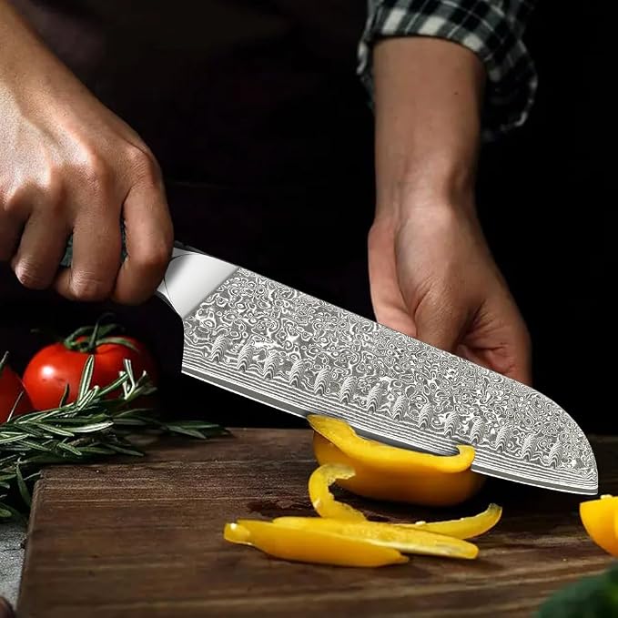Home Safety Damascus Santoku Knife, 18cm Chef's Knifes Made of 67 Layers of VG-10 Damascus Steel, Full Tang Razor Sharp Kitchen Knife with Ergonomic Abalone Shell Handle, Gift Box