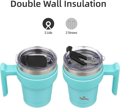 Konokyo 10 oz Tumbler with Handle and 2 Straw 2 Lid, Insulated Water Bottle Stainless Steel Vacuum Cup Reusable Travel Mug,Turquoise
