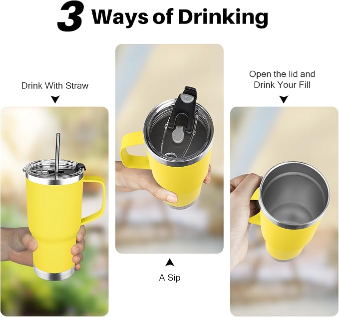 20 oz Tumbler with Handle, Stainless Steel Insulated Tumbler with Lid and Straw, Double Wall Vacuum Coffee Mug Tumbler, Insulated Coffee Thermal Cup for Cold and Hot (Yellow, 20 Ounces)