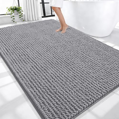 OLANLY Thick Chenille Large Bathroom Rugs 70x46, Absorbent Bath Mat, Grey
