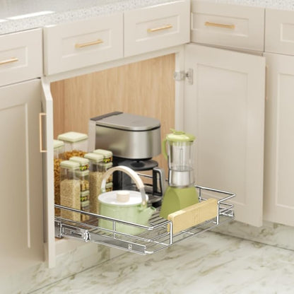 LOVMOR Pull Out Cabinet Organizer with Wooden Handle, 16½" W x 21½"Heavy Duty Cabinet Drawers Shelves Slide Out Organizer for Kitchen, Pantry