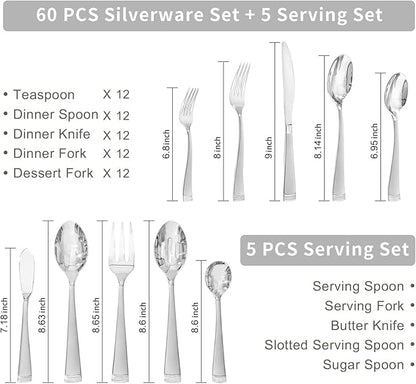 KINGSTONE Silverware Set, 65-Piece Flatware Set for 12, 18/10 Stainless Steel Cutlery Set with Bead Edge, Utensil for Kitchen, Home, Party, Wedding, Matte Silver, Dishwasher Safe, Featured Gifts