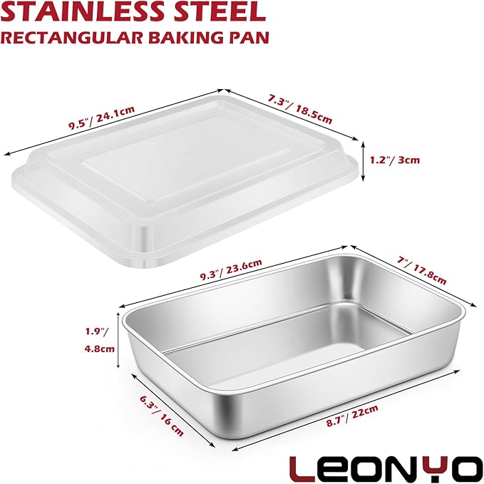 Leonyo 4 Pack Lasagna Pan with Lid, 9.3 x 7 Inch Rectangle Bakeware Cake Pan with Lid, 2 Inch Deep Stainless Steel Baking Tray Sheets for Baking Commercial Kitchen, Focaccia Bread, Casserole Dish