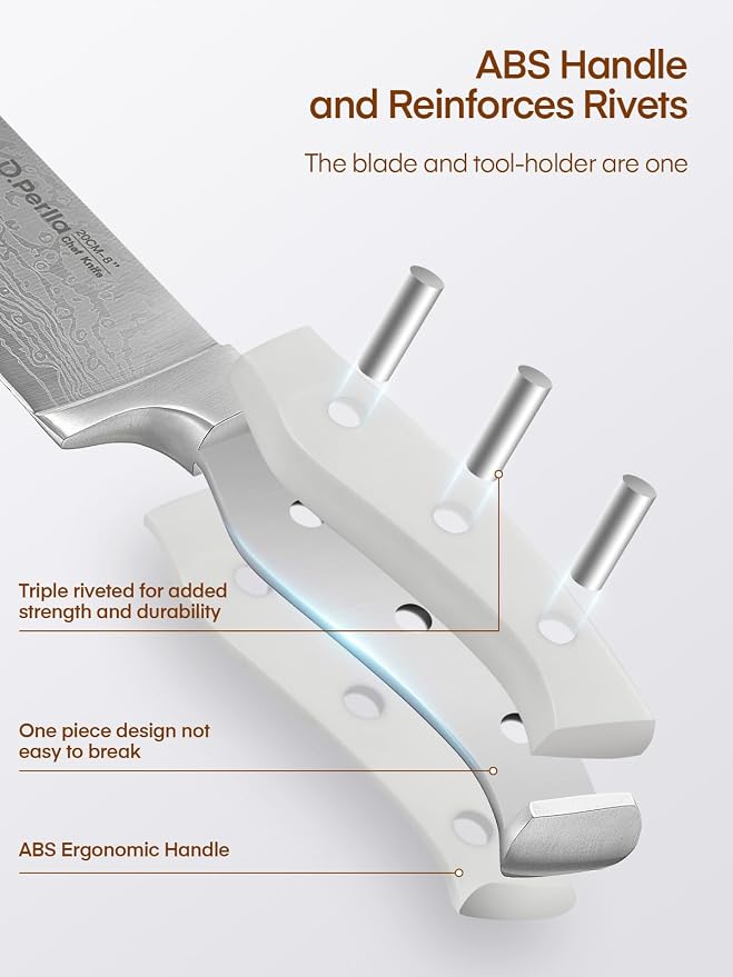 Knife Set, D.Perlla 8 Pieces Kitchen Knife Set with Built-in Sharpener, HIgh Carbon German Stainless Steel Knife Block Set with Unique Waved Pattern, Non-slip Handle, White