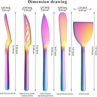 Berglander Rainbow Cheese Knife Set of 5 for All Types of Cheese, Colorful Titanium Plating Cheese Cutter Slicer Ergonomic Design for Confortable Grip and Cut, Butter Spreader Knife