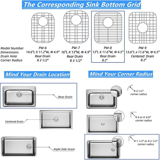 Sink Bottom Grid Protector 13.2"L X 11.6"W, Stainless Steel Sink Grate for Kitchen, Universal Metal Sink Drying Rack with Rear Drain for Double Bowl Sink, 2PCS
