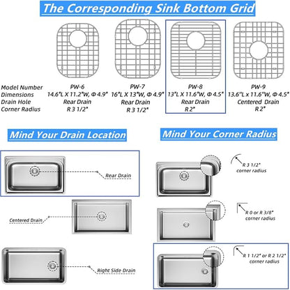 Sink Bottom Grid Kitchen Universal Sink Grate, 304 Stainless Steel Sink Rack Protector with Rear Drain 13.2" X 11.6"