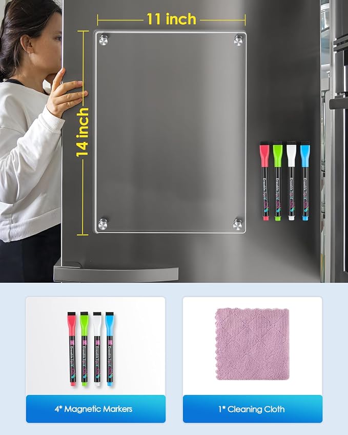MaxGear 11"x14" Acrylic Magnetic Whiteboard for Fridge, Small Clear Refrigerator Dry Erase Board with 4 Markers and 1 Cloth, Smooth Writing and Easy Cleaning Blank Memo Grocery List for Home Planner