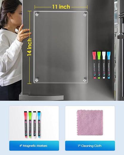 MaxGear 11"x14" Acrylic Magnetic Whiteboard for Fridge, Small Clear Refrigerator Dry Erase Board with 4 Markers and 1 Cloth, Smooth Writing and Easy Cleaning Blank Memo Grocery List for Home Planner
