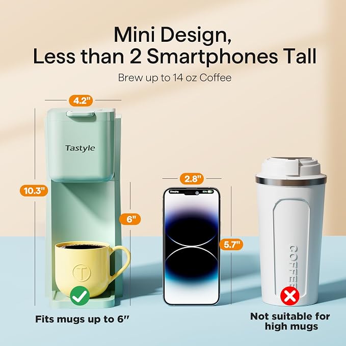 Tastyle Mini Hot and Iced Coffee Maker Single Serve, for K Cup and Ground, 6 to 14 Oz Brew Sizes, with Recipe Book, for Home, Travel, RV, Office and Dorm, Mint