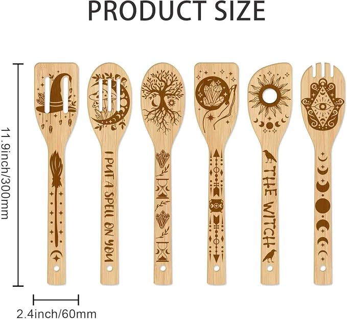 GLOBLELAND 6 Pcs Magic Divination Bamboo Cooking Utensils Wooden Engraved Cooking Spoons Set Carving Kitchen Bamboo Spatula Set for Women and Men Wood Cooking Spoon for Kitchen Fun House Warming Gift