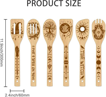 GLOBLELAND 6 Pcs Magic Divination Bamboo Cooking Utensils Wooden Engraved Cooking Spoons Set Carving Kitchen Bamboo Spatula Set for Women and Men Wood Cooking Spoon for Kitchen Fun House Warming Gift