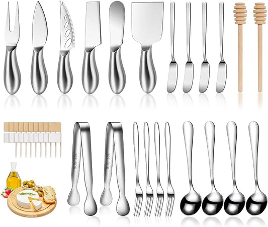 Silver Cheese Knife Set For Charcuterie Board Accessories, Stainless Steel Cheese Slicer And Butter Spreader knives Kit With Serving Tongs, Spoons, Forks, Flags Cheese Markers, Honey Dipper (23 Pack)
