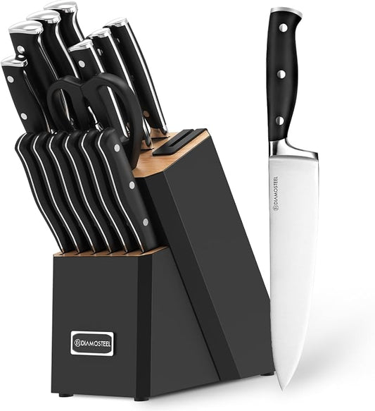 Black Knife Set, 15-Piece Knife Block Set with Built-in Sharpener Scissors for Kitchen, Dishwasher Safe Knives set Ideal Present for Family & Restaurant