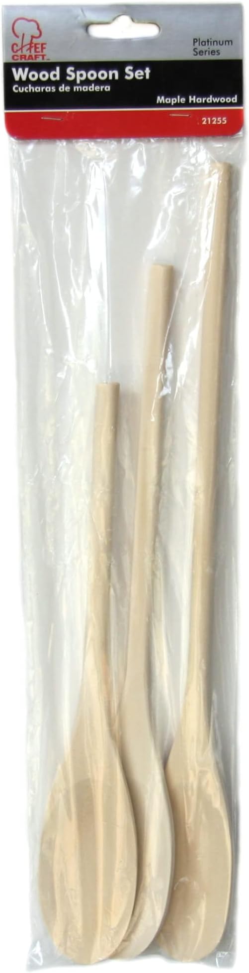 Chef Craft Select Maple Solid Spoon Set, 10, 12, 14 inch 3 Piece Set, Natural