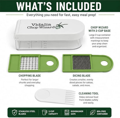 Vidalia Chop Wizard Vegetable Chopper – Original As Seen On TV Food Dicer with 2 Stainless Steel Blades, Large 2-Cup Container, Cleaning Tool, Dishwasher Safe Onion & Vegetable and Fruit Cutter